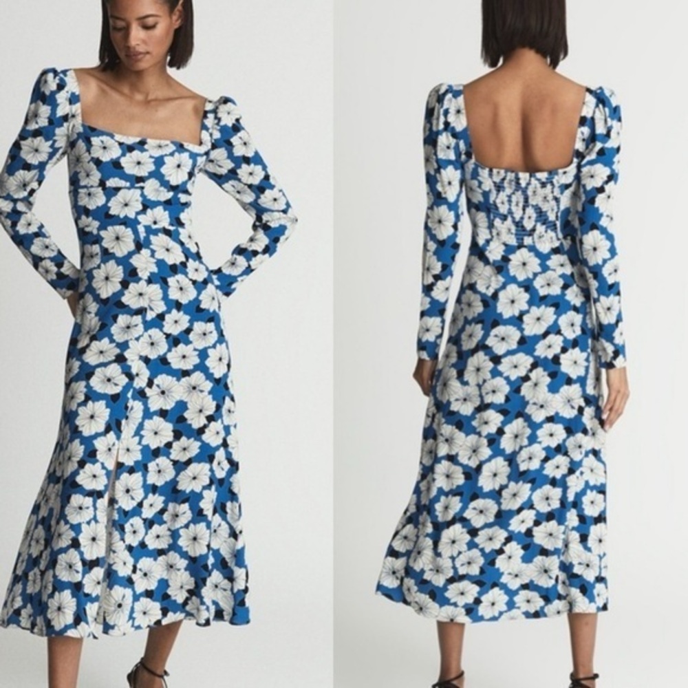 Reiss Miller Floral Midi Dress Size 14 Blue White Square Neck Long Sleeve